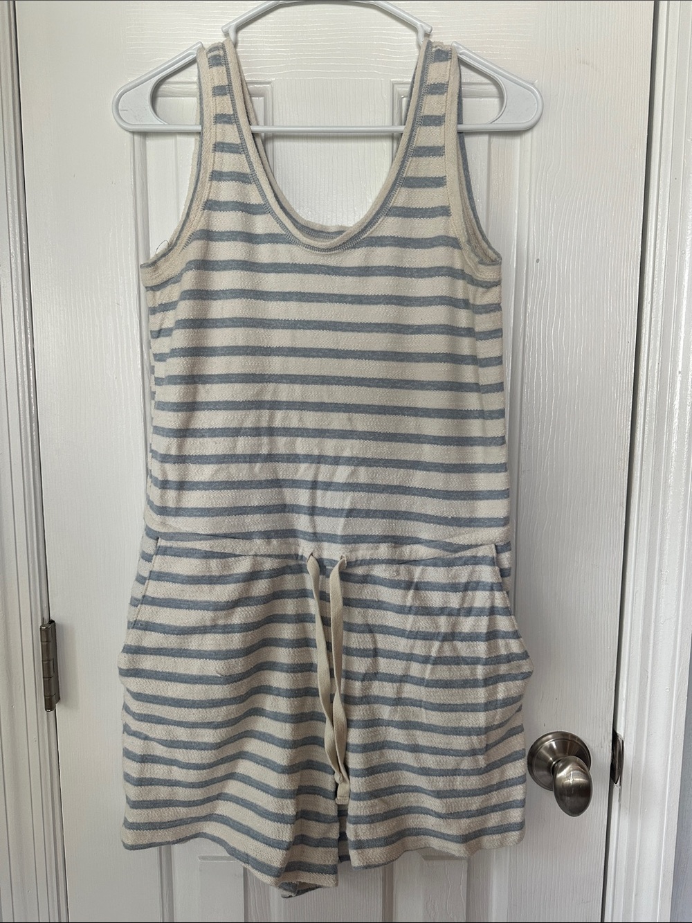 Old Navy Cream and Light Blue Striped Kids Pajama Romper